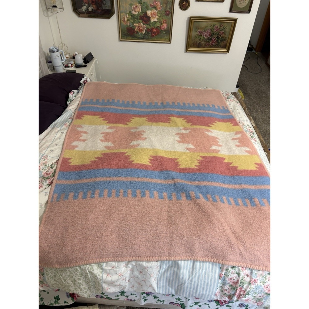 Vintage Biederlack Blanket Throw Southwestern Geometric Pastel Reversible USA